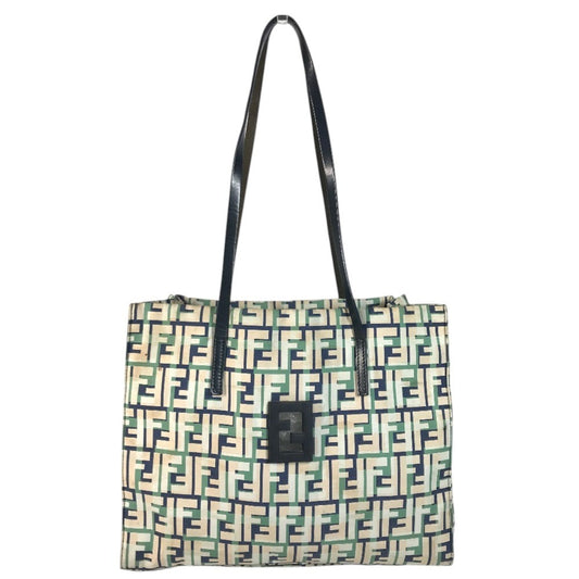 FENDI logo Bag Tote Bag shawl Shoulder Bag Leather/Canvas Green/Beige x blue Used