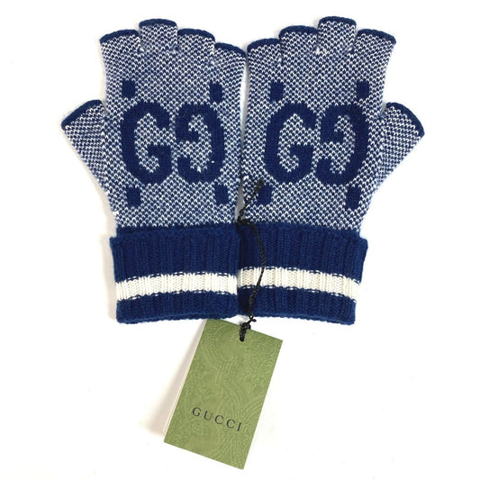 GUCCI 726586 ロゴ GG フィンガーレス グローブ アクセサリー ニット 手袋 カシミヤ レディース ネイビー