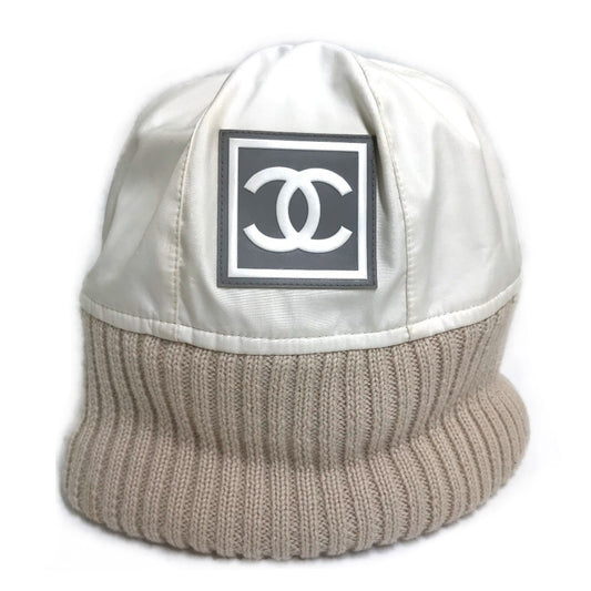 CHANEL CC ココマーク スポーツライン ロゴ ニットキャップ ニット帽 ポリエステル レディース アイボリー/ベージュ