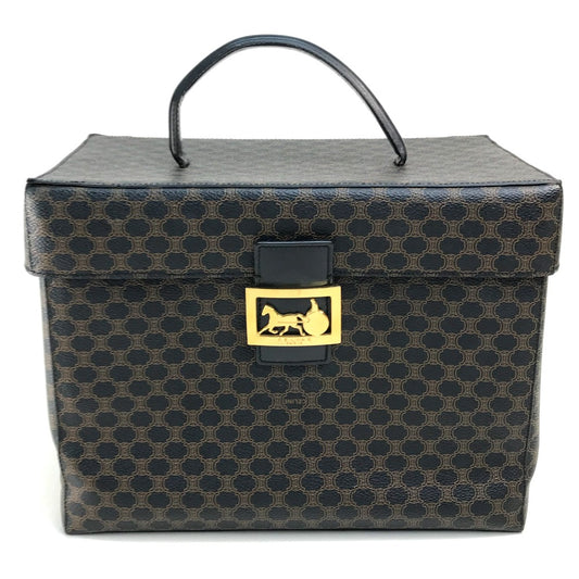 CELINE ロゴ 馬車金具 マカダム カバン ハンドバッグ メイクボックス バニティバッグ PVC/レザー レディース ダークブラウン