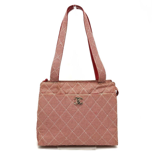 CHANEL CCココマーク マトラッセ ギンガムチェック カバン 肩掛け トートバッグ ショルダーバッグ キャンバス レディース レッド×ホワイト