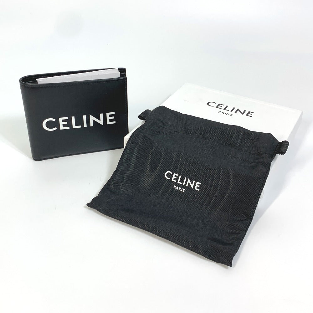 CELINE 10C873DME Logo Bifold Wallet, Unisex, Black Leather