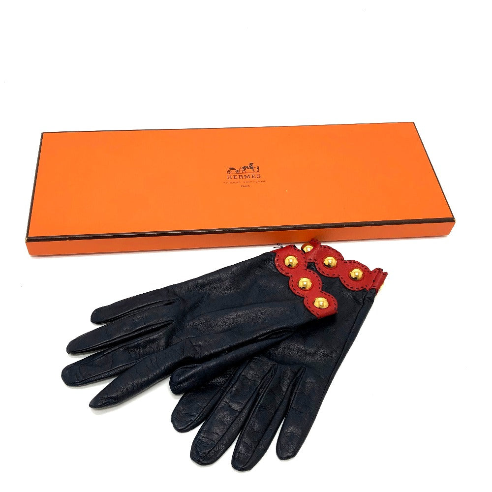 HERMES Fashion Accessories Apparel Gloves Leather Women's Navy/Red