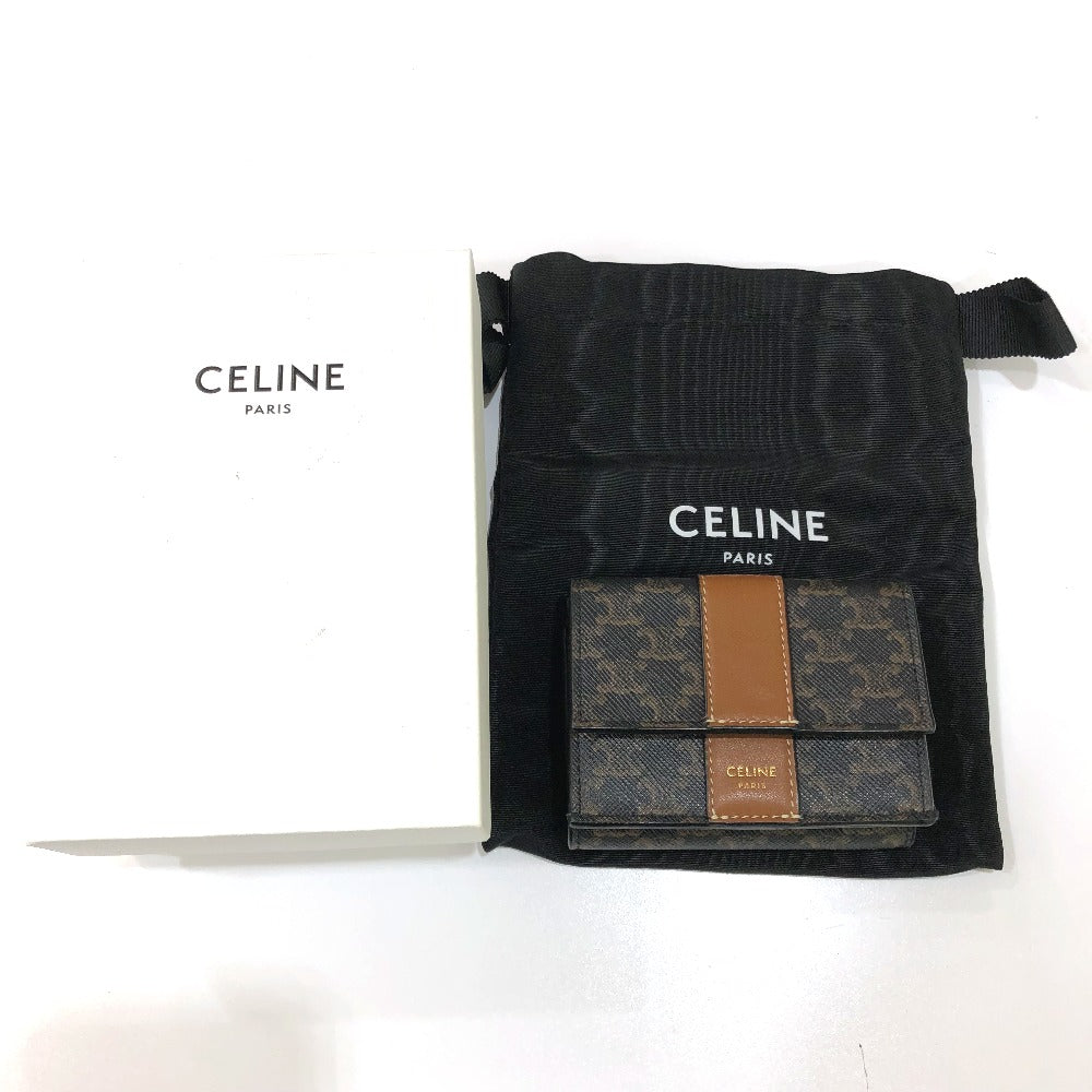 CELINE Triomphe Small Trifold Compact Wallet, PVC/Leather, Women's, Brown