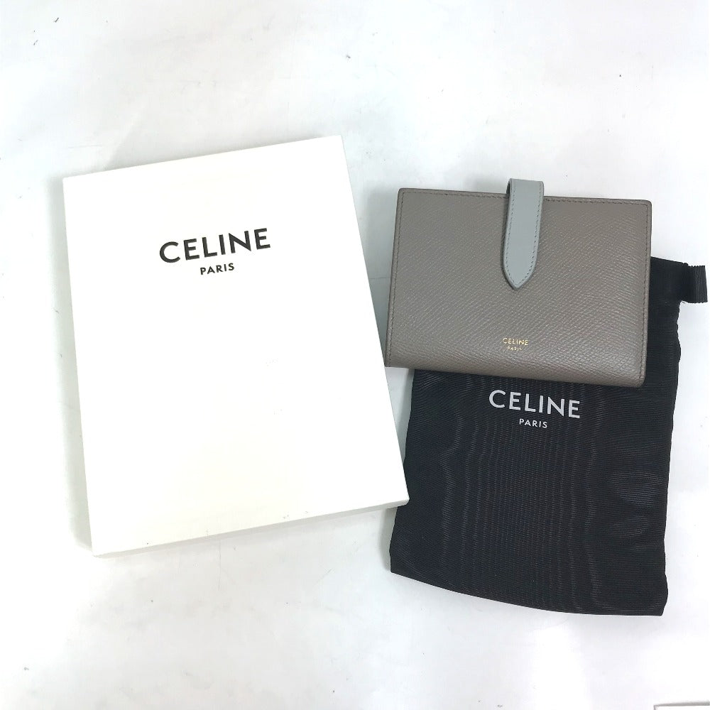 CELINE 10B643BRU.10PI Two-Tone Medium Strap Wallet, Tri-fold Leather, Women's, Pebble/Mineral Gray x Light Blue