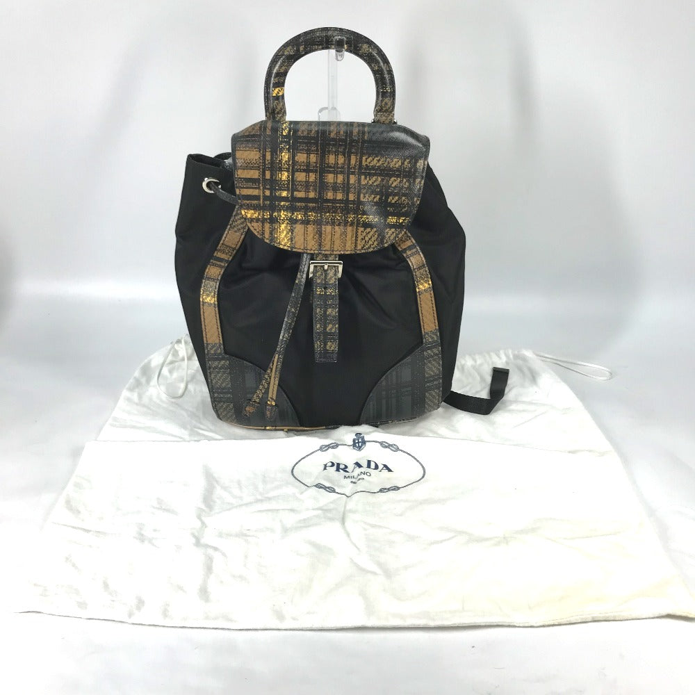 PRADA 1BZ038 Triangle Logo Plaid Check Backpack, Drawstring, Nylon/Leather, Men's, Black
