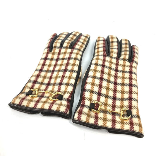 GUCCI 603635 チェック ホースビット 手袋 グローブ ウール/カシミヤ レディース ブラウン