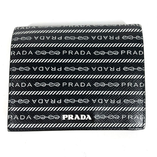PRADA 1MV204 総柄 ロゴ コンパクトウォレット 2つ折り財布 レザー レディース ブラック