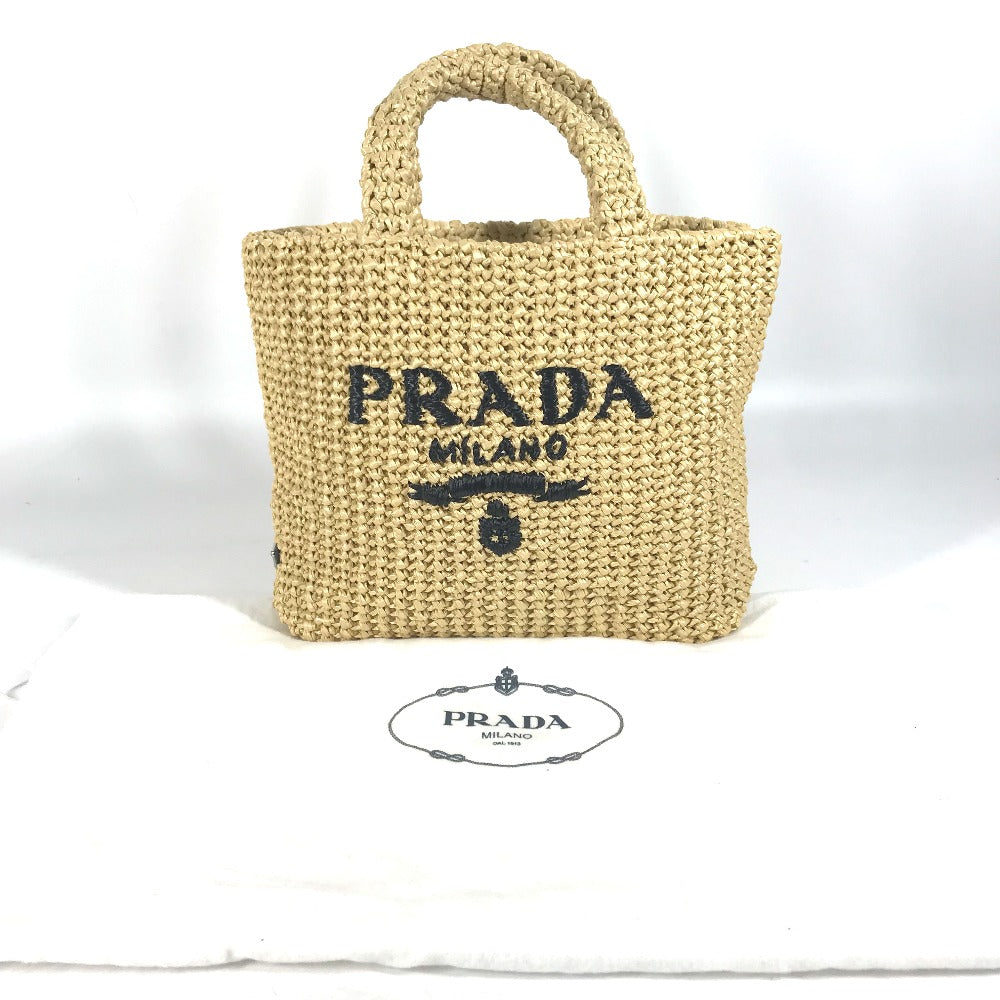 PRADA 1BG422 Basket Bag, Straw Bag, Crochet Triangle Logo, Small Lettering Logo, Tote Bag, Handbag, Raffia, Women's, Natural Beige