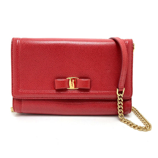 Salvatore Ferragamo ヴァラ リボン クラッチバッグ カバン 2way ポシェット ショルダーバッグ レザー レディース レッド