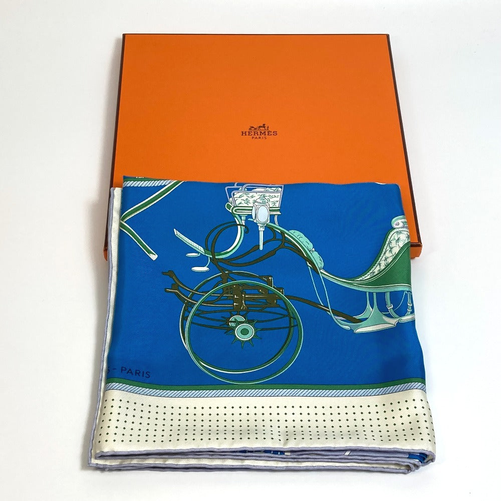 HERMES LA PERRIERE Carriage Carré 90 Silk Scarf Women's Blue/Green/Ivory
