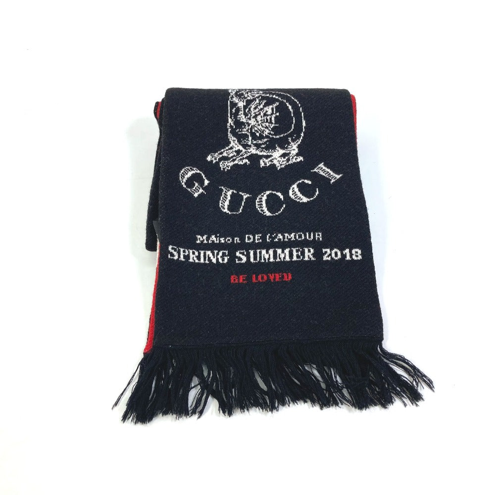 GUCCI BE LOVED Logo Scarf fringe Scarf wool Black/Red Used