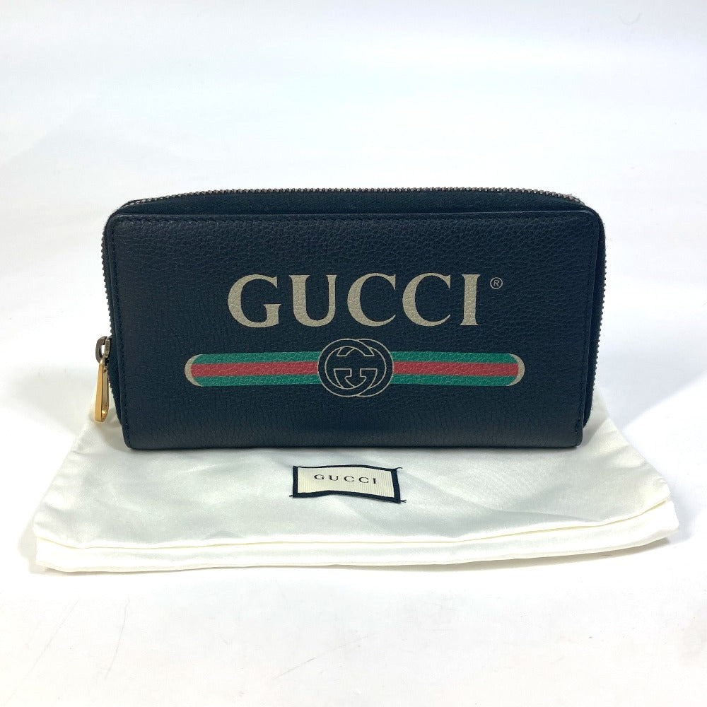 GUCCI 496317 Sherry Line GUCCI Logo Print Round Zipper Long Wallet Leather Men's Black