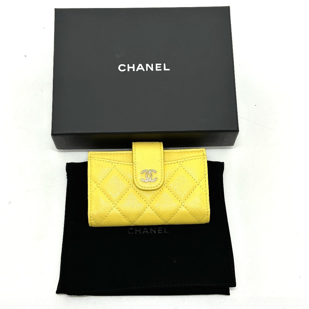 CHANEL AP1991 CC Coco Mark Classic Small Wallet, Card Case, Coin Case, Caviar Leather, Women's, Yellow