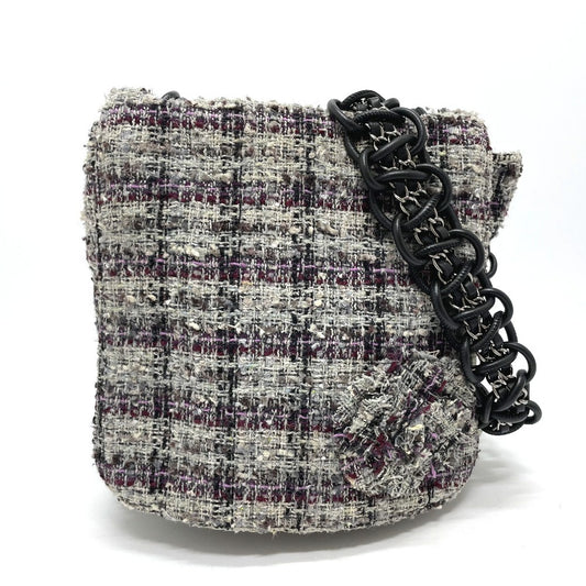 CHANEL カメリア フラップ チェーンバッグ カバン ショルダーバッグ ツイード レディース グレー