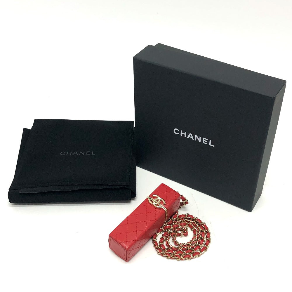 CHANEL Coco Mark CC Lip Case Chain Shoulder Bag Leather Women's Red