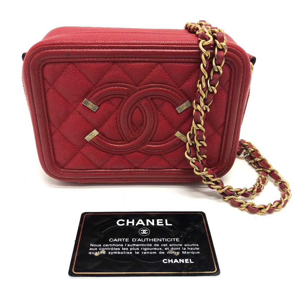 CHANEL A84452 CC Filigree Matelasse Chain Mini Shoulder Bag in Caviar Leather, Red
