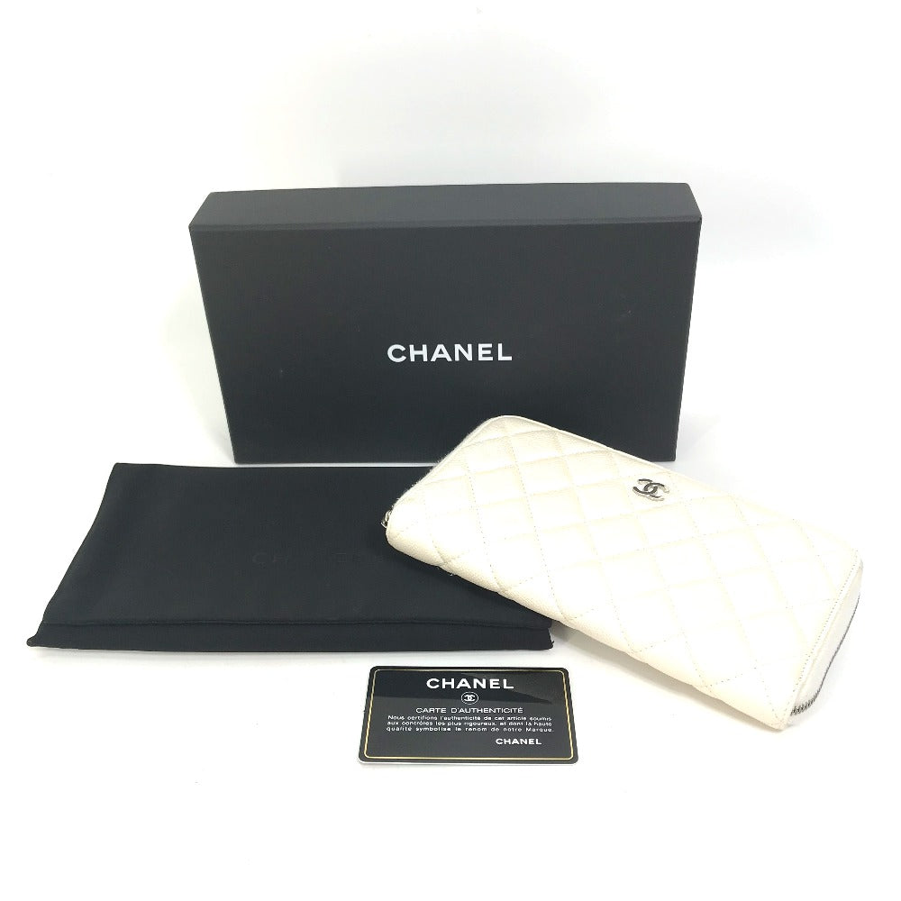 CHANEL A50097 Matelasse CC Coco Mark Round Zip Quilted Wallet Long Wallet Caviar Leather Women's White