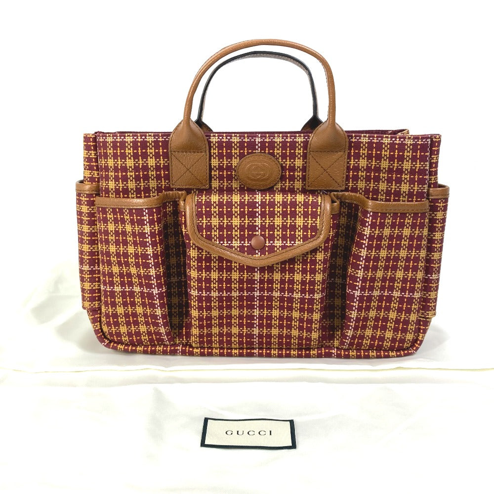 GUCCI 628159 Check Children's Tote Bag, Canvas/Leather Handbag, Women's, Brown/Bordeaux