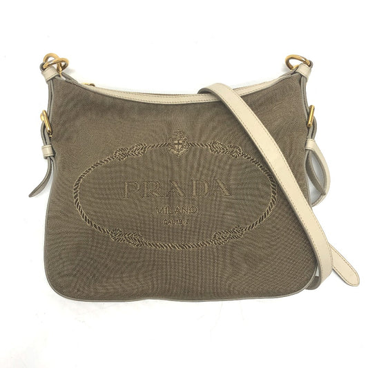 PRADA BT0706 ロゴ ジャガード カバン ショルダーバッグ キャンバス/レザー レディース ベージュ