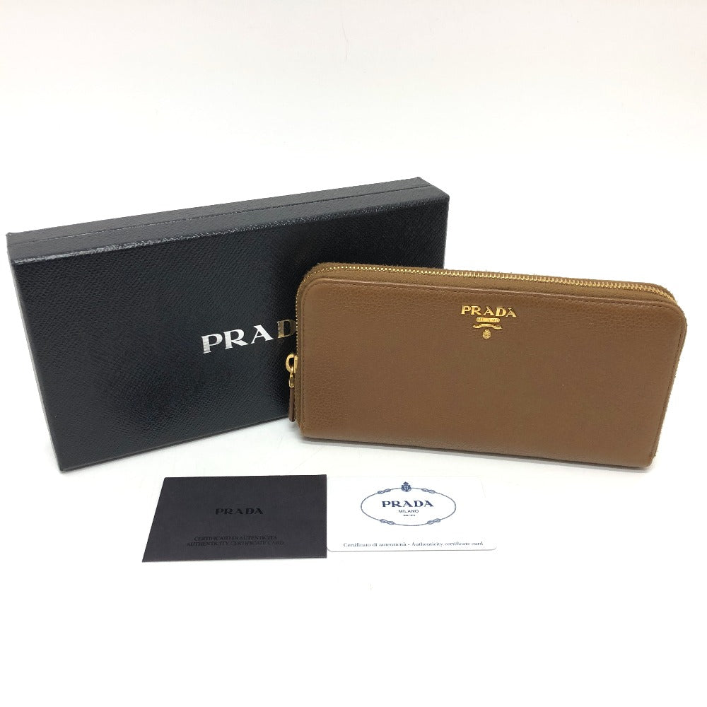 PRADA 1M0506 ロゴ ラウンドファスナー 長財布 レザー レディース ブラウン