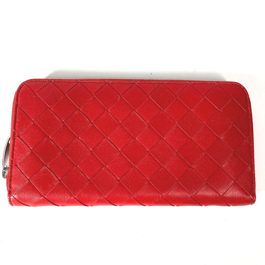 BOTTEGA VENETA 593217 Long Wallet, Intrecciato Leather, Round Zipper, Women's, Red