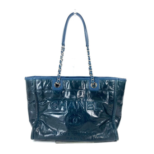 CHANEL ロゴ トートバッグ 肩掛け ドーヴィルMM カバン チェーン ショルダーバッグ レザー レディース ネイビー