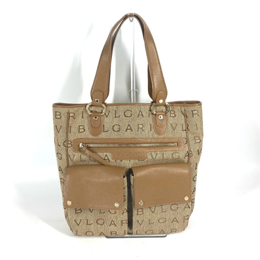 BVLGARI 801904 マキシロゴ ロゴマニア ショルダーバッグ カバン 肩掛け トートバッグ レザー/キャンバス レディース ベージュ
