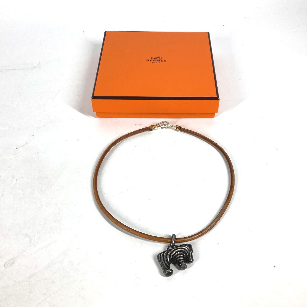 HERMES アニマル シマウマ チョーカー アクセサリー ネックレス レザー レディース シルバー