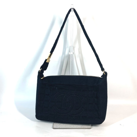CHANEL กระเป๋าหิ้วลายควิลท์โลโก้ช็อกโกแลตบาร์ CC โคโค่มาร์ก กระเป๋าเครื่องประดับ สะพายไหล่ผู้หญิง ผ้าเจอร์ซีย์ สีดำ