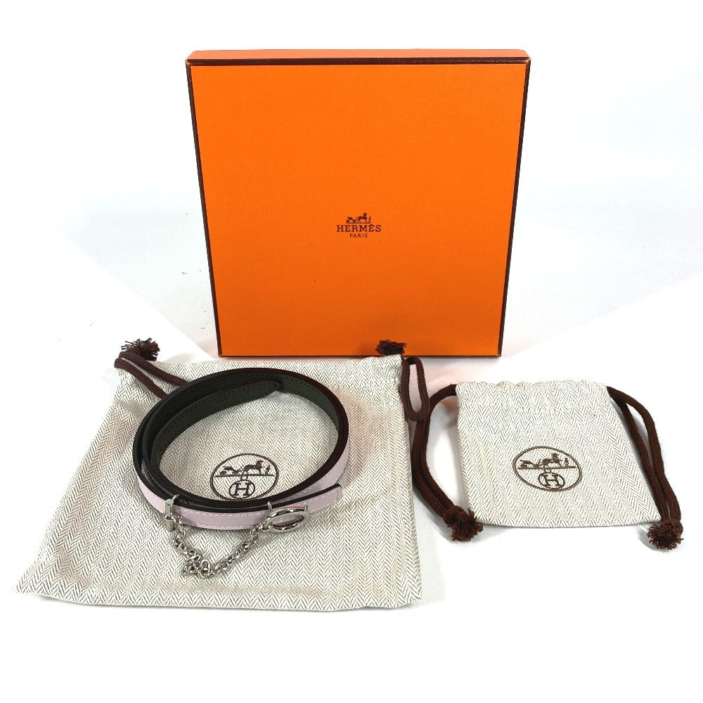 HERMES Carrousel Belt, Thin Leather Chain Belt, Epson, Women's, Vert Maki/Mauve Pale, Pink and Khaki
