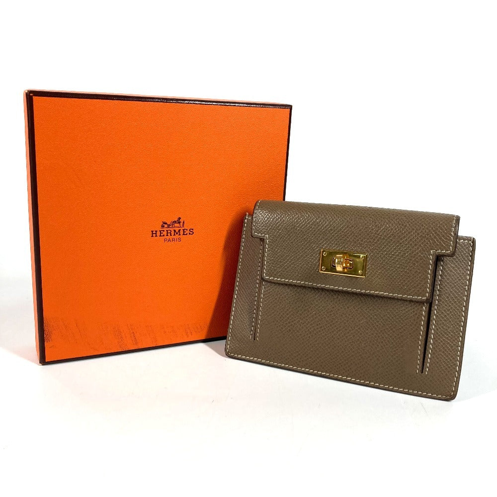 HERMES H logo Kelly Pocket Compact Kelly Pocket Compliment Wallet Coin Compartment coin purse Epsom Etoupe gray/GoldHardware Used