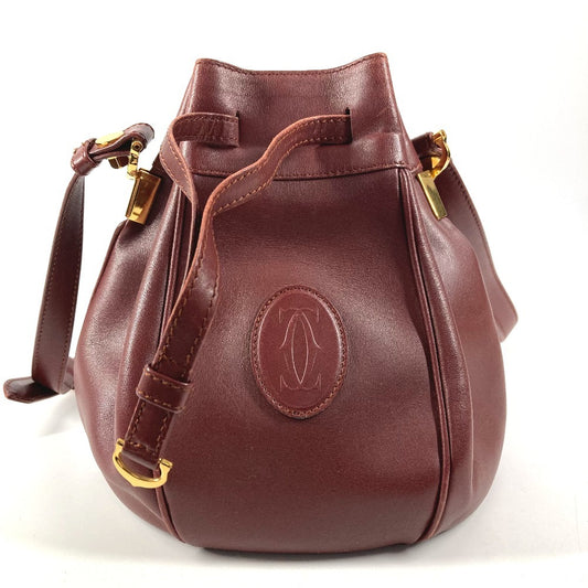 CARTIER Vintage Logo Must Line Bag Crossbody Drawstring Bag Shoulder Bag Leather Unisex Wine Red