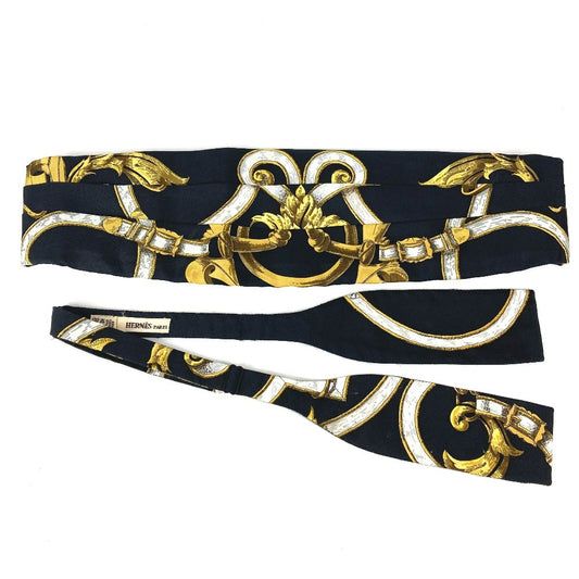 HERMES 総柄 カマーバンド&蝶ネクタイ セット 2点 アクセサリー ネクタイ ベルト シルク メンズ ブラック