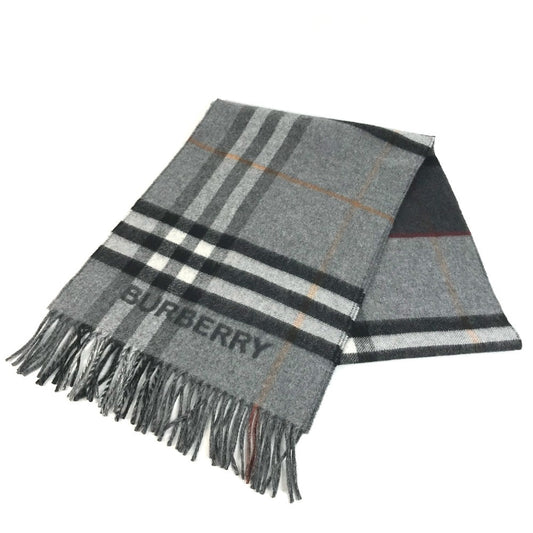 BURBERRY 8059277 コントラストチェック ロゴ フリンジ マフラー カシミヤ ユニセックス グレー