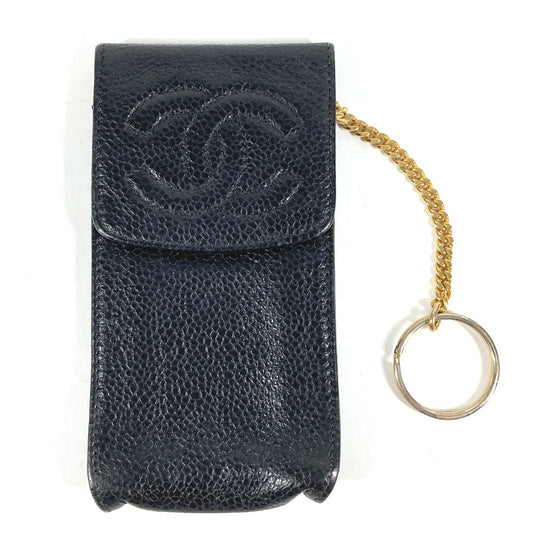 CHANEL ヴィンテージ CC ココマーク ロゴ ポーチ 煙草ケース チェーン キーリング シガレットケース キャビアスキン ユニセックス ブラック