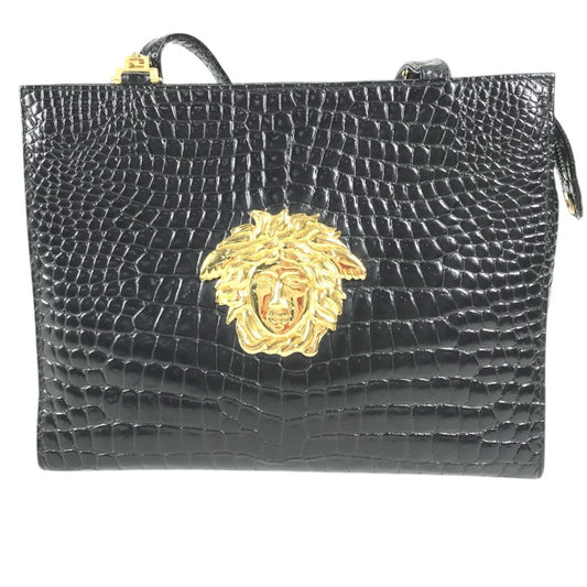 VERSACE Big Medusa Logo Greca Tote Bag Shoulder Chain Shoulder Bag Embossed Leather Black/Gold Used