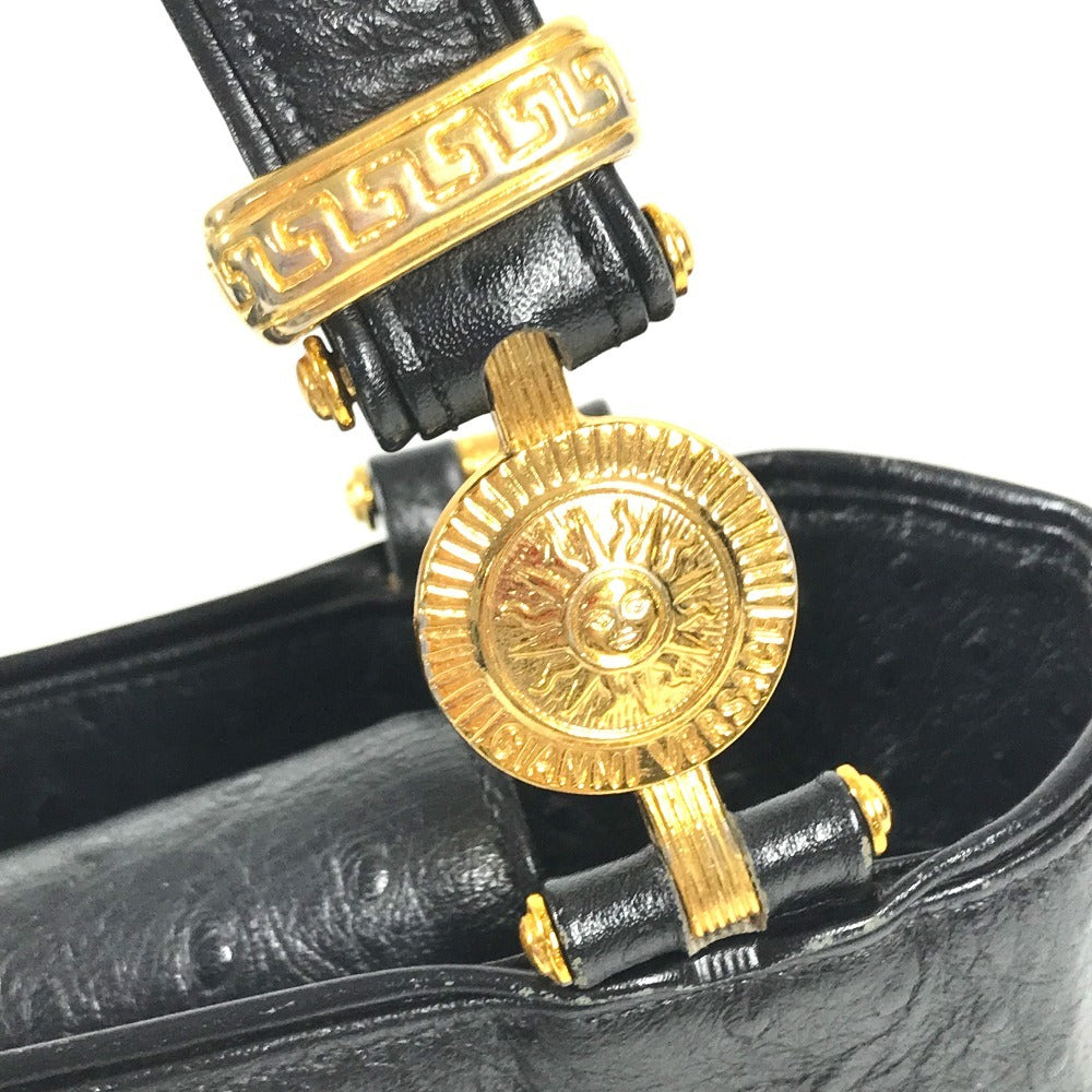 VERSACE vintage Logo Sunburst Bag Tote Bag shawl Shoulder Bag Embossed Leather Black/GoldHardware Used