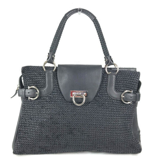 Salvatore Ferragamo Gancini logo Bag Tote Bag shawl Shoulder Bag Straw / Leather Black Used