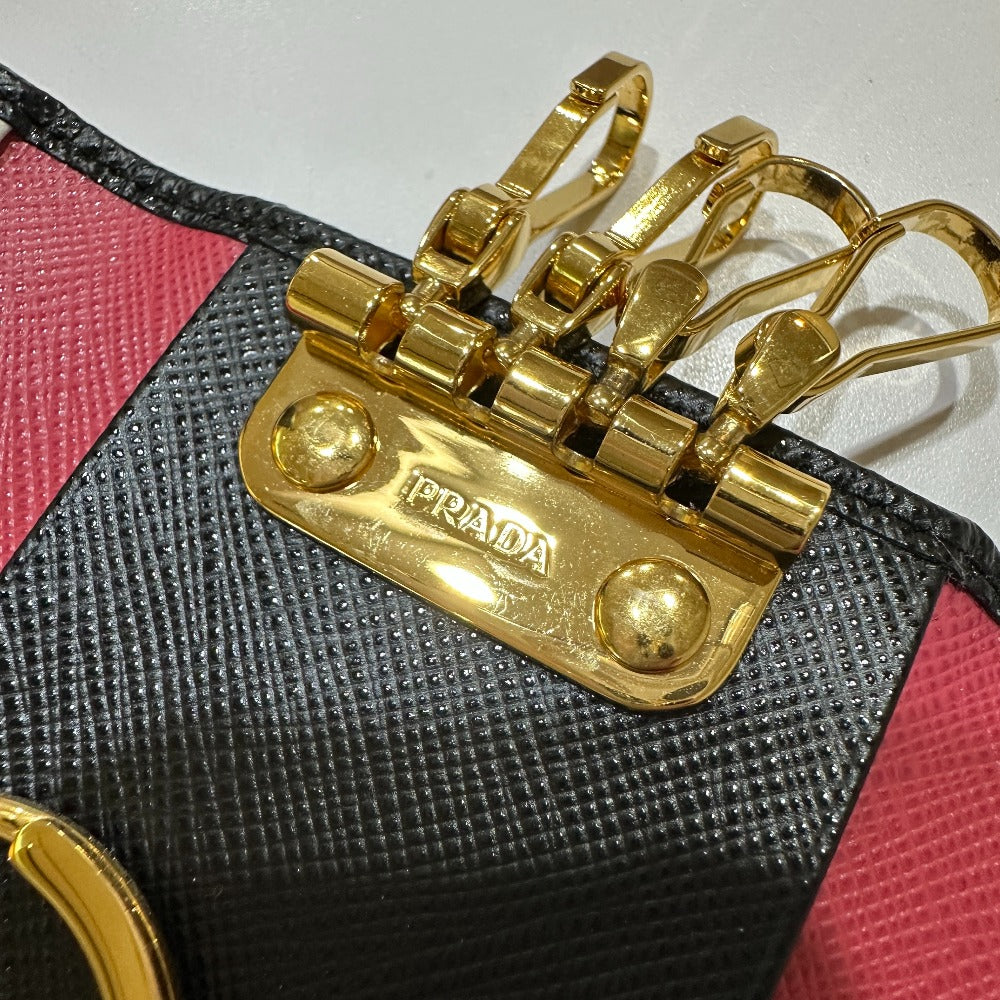 PRADA 1PG004 Logo Multicolor Key Ring 4-Ring Key Case in Saffiano Leather, Women's, Black and Pink