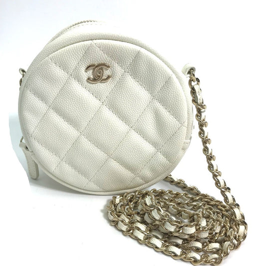 CHANEL CC ココマーク ポシェット マトラッセ キルティング ラウンド チェーンバッグ 斜め掛け ショルダーバッグ キャビアスキン レディース ホワイト