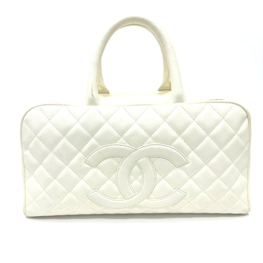 CHANEL CC ココマーク ボストンバッグ カバン キルティング マトラッセ ハンドバッグ キャビアスキン レディース ホワイト