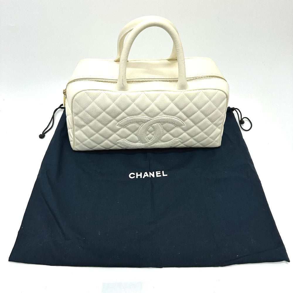 CHANEL CC Coco Mark Boston Bag, Quilted Matelasse Handbag, Caviar Skin, Women's, White
