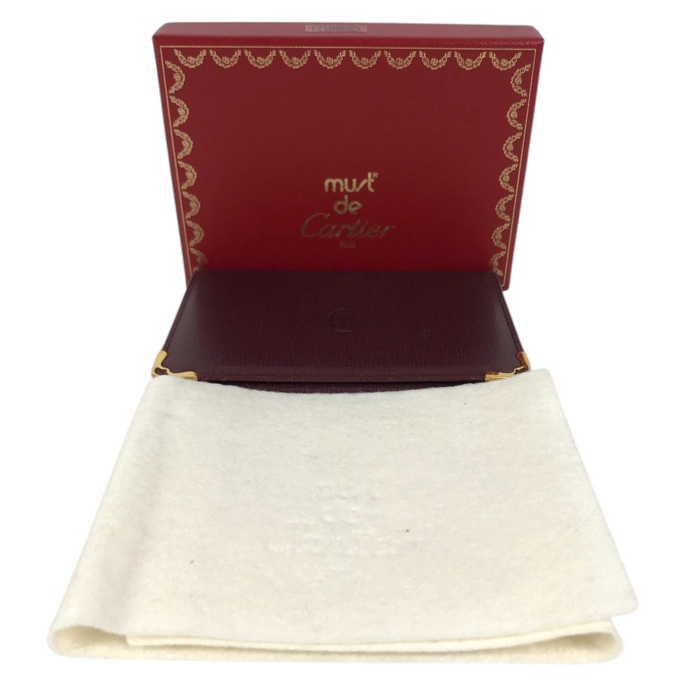 CARTIER Must de Line logo Bi-fold business card holder pass case Card Case Leather wine-red Used
