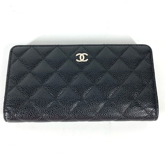 CHANEL ロングウォレット CC ココマーク マトラッセ キルティング 2つ折り 長財布 キャビアスキン レディース ブラック