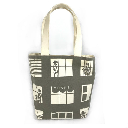 CHANEL ウインドウズライン ハンドバッグ トートバッグ カバン ショルダーバッグ キャンバス レディース グレー×ホワイト