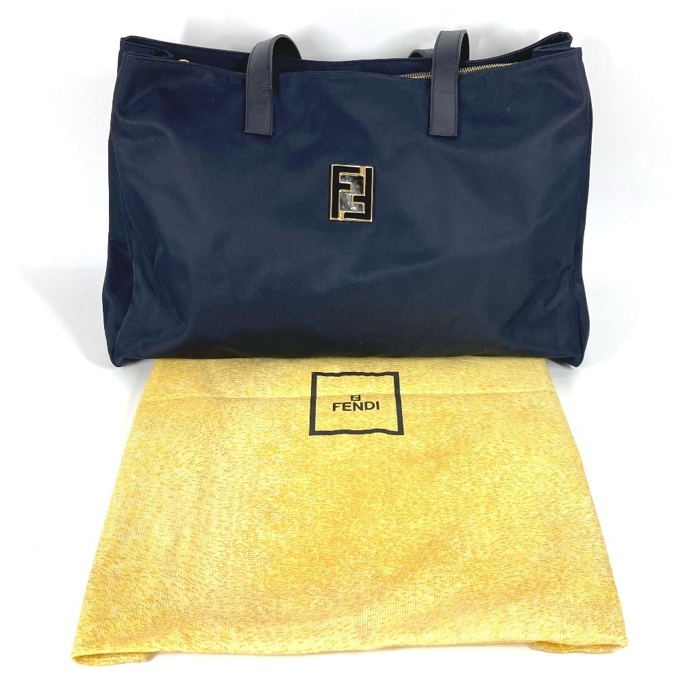 Vintage FENDI FF logo oversized tote bag, nylon shoulder bag, unisex, navy