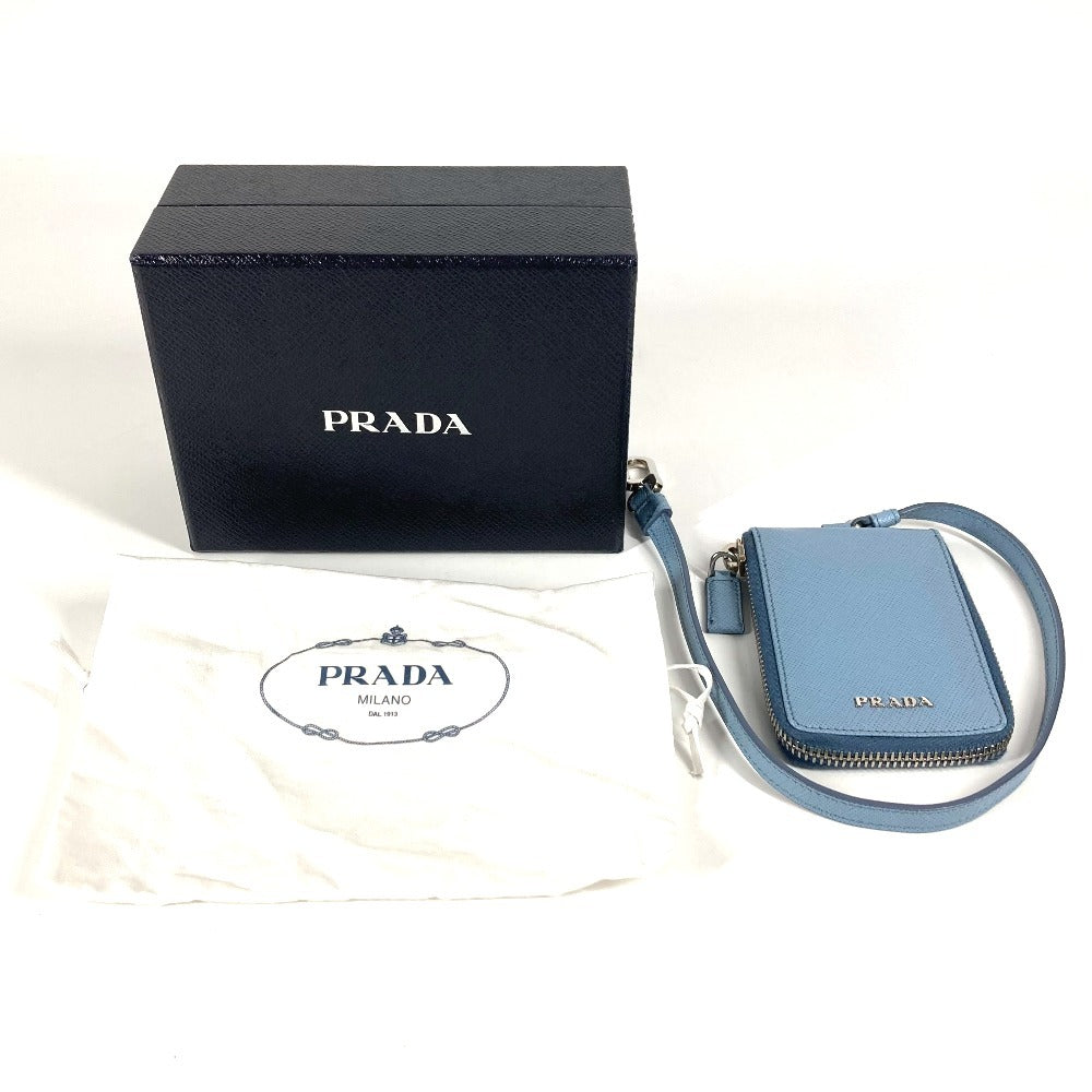 PRADA Round Zipper Key Case with Strap, Logo, 6-Piece Key Case, Leather, Unisex, Blue