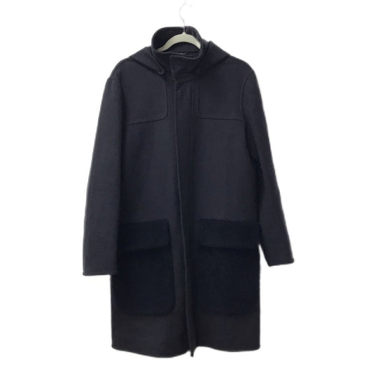 FENDI FF0209 Men's Navy Wool Hooded Coat with Fur and Pockets, Long Sleeves, Outerwear