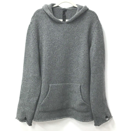 CHROME HEARTS Men's Gray Cashmere Hoodie with Leather Patch, Tag, and Cross Stitch. Long Sleeve Knit.